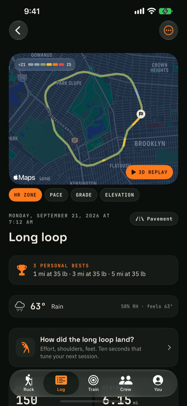 A loop around Prospect Park colored by heart-rate zone, above three personal bests at 35 lb