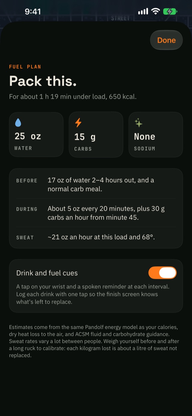 Fuel plan: 25 oz of water and 15 g of carbs to pack, drinking and carb guidance, and a sweat rate