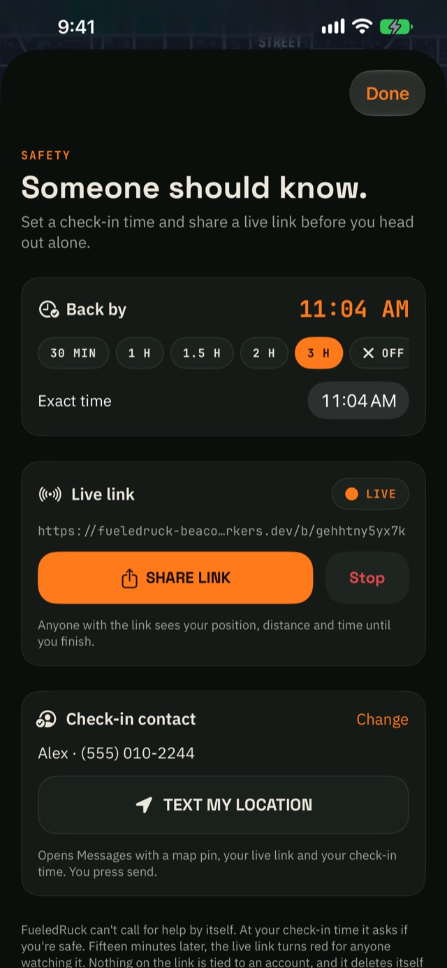 Safety sheet: back by 11:04 AM, a live link marked LIVE, and a check-in contact with Text my location