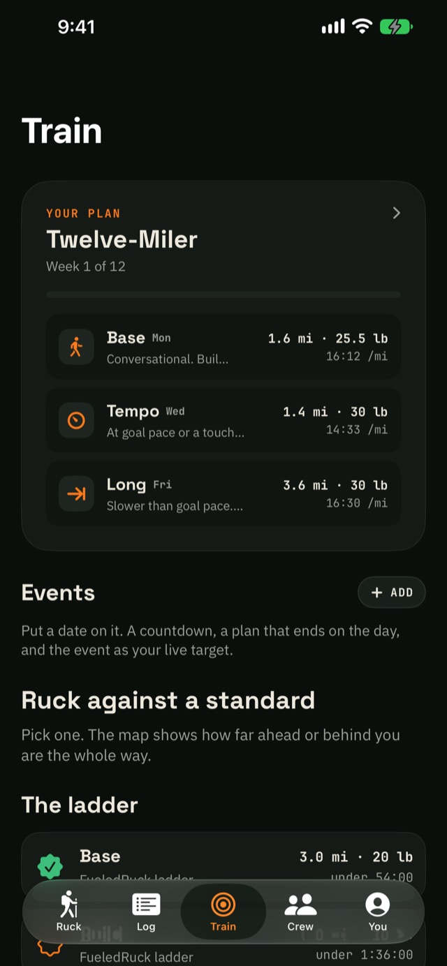 Train tab: a Twelve-Miler plan in week 1 of 12 with base, tempo and long sessions