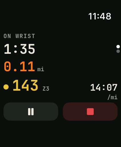 Apple Watch Ultra mid-ruck: 1:35 elapsed, 0.11 miles, 143 bpm in zone 3