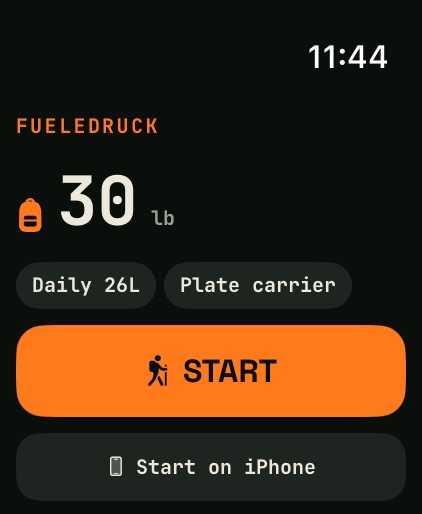 Apple Watch start screen with a 30 lb load and two pack chips